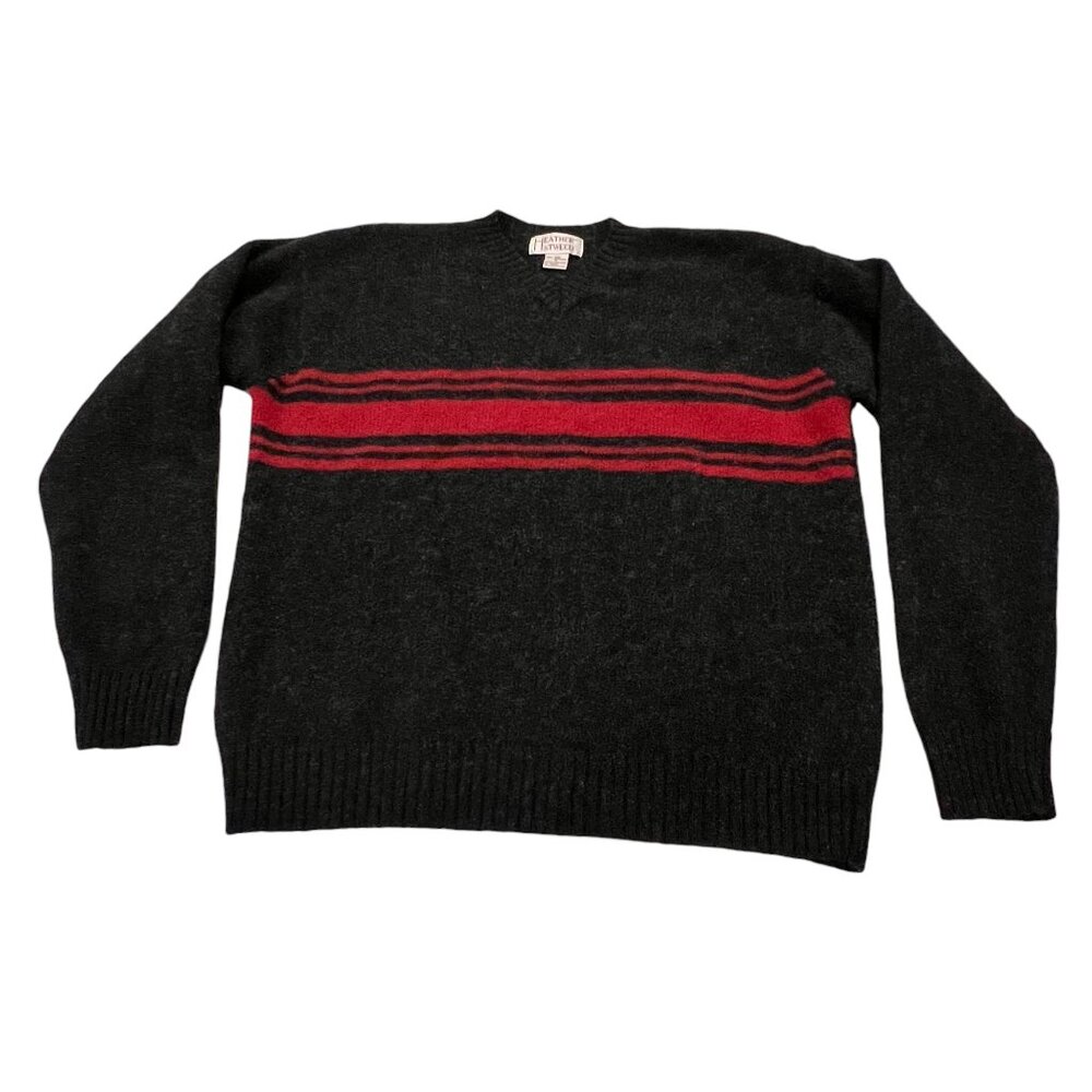 Heather & Tweed Mens Vintage V-neck Wool Pullover Sweater, Gray Red, L